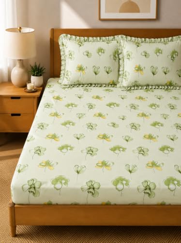 Image of 380 TC Premium Glace Cotton Elastic Fitted Bedsheet King Size with 2 Pillow Covers King Size | Double Bed with All Around Elastic (NEW Green, Fitted Queen-60x78)