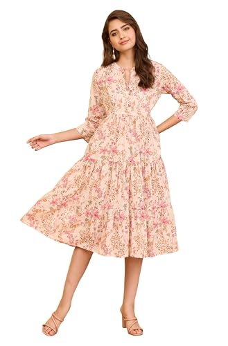 Image of Janasya Women's Light Pink Pure Cotton Floral Printed Tiered Dress