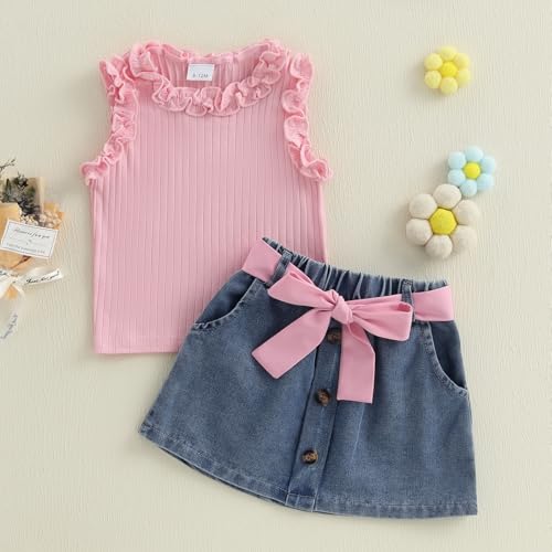 Image of Toddler Girls Summer Outfits Solid Color Ruffle Sleeveless Tank Tops Vest Denim Skirts Kids Fashion 2 Piece Outfits