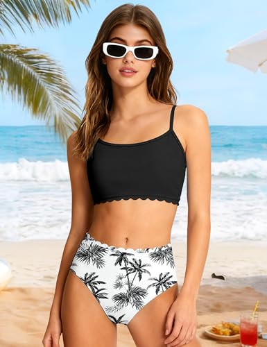 Image of Girls Swimsuit Two Piece Bathing Suit Ruffle Trim Swimsuits for Girls Tankini with Drawstring Shorts Swimwear 9-18Y