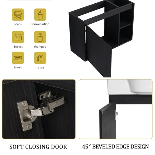 Image of 28 inch Wall Mounted Bathroom Vanity with Ceramic Sink, Modern Floating Bathroom Cabinet with Soft-Close Door & 2 Open Storage Shelves, Farmhouse Small Bath Vanity Set, Easy to Clean, Black