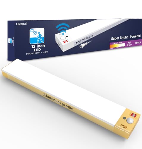 Image of Leetdud Under Cabinet Lighting Plug in 12 Inch, 120V Motion Sensor Lights Indoor, 3CCT 3000 /4000 /5000K, Aluminum Linkable Super Bright LED Counter Light with Timer for Kitchen, Closet, Golden, 1 Pack