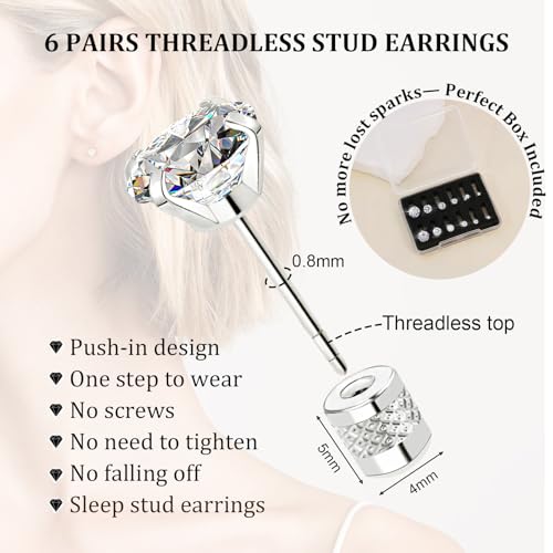Threadless Flat Back Stud Earrings, 6 Pairs Titanium Hypoallergenic Earrings for Women Men, Cubic Zirconia Silver Gold Stud Earrings Surgical Stainless Steel Stud Earring Set for Cartilage 2-8mm2