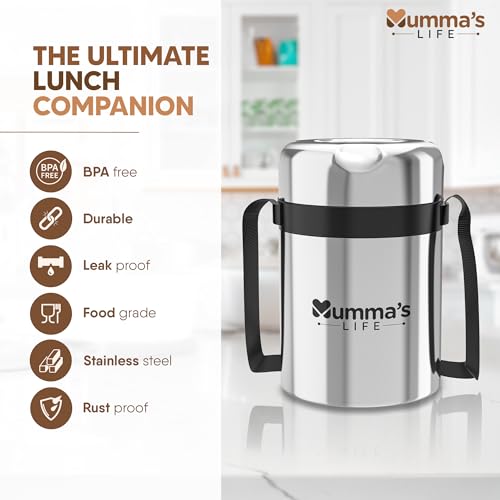 Image of Mumma's LIFE Stainless Steel Lunch Box with 3 Leakproof Air-Tight Stainless Steel Round Containers and Cover Bag | Stainless Steel & Spill Proof Lunch Box (Steelo 440mlX3)