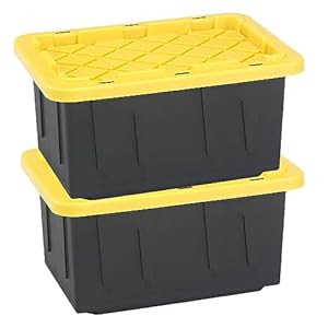 Homz 15-Gallon Durabilt Plastic Stackable Storage Organizer Container w/Snap Lid and Hasps for Tie-Down Straps or Locks, Black/Yellow (2 Pack)
