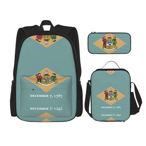 Flag Of Delaware Print 3 Piece Set Backpack, Lunch Bag, Pencil Case, Cute Sturdy For College And Travel