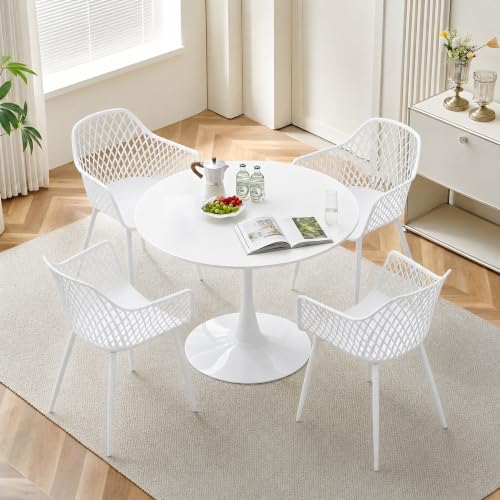 DazzlerE Tavolo da pranzo rotondo con 4 sedie, set di mobili da balcone per piccoli balconi, mobili da esterno per giardino, terrazza, balcone, tavolo bianco (Ø 100 cm) + 4 poltrone bianche