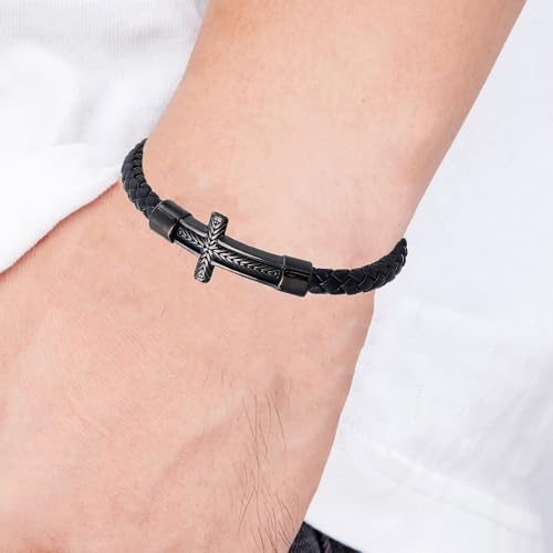 Pulsera de cuero trenzado con cruz para hombre y mujer miniatura 7