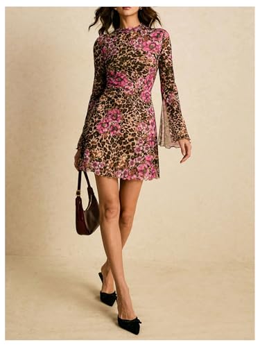 Image of BEAUDRM Women's Y2k Leopard Print Sheer Mesh Mini Dress Bell Long Sleeve Short Dresses