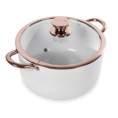 Tower Linear Induction Casserole Dish With Lid, Non Stick Cerasure Coating, White And Rose Gold, 4.3 Litre Capacity, 24 cm