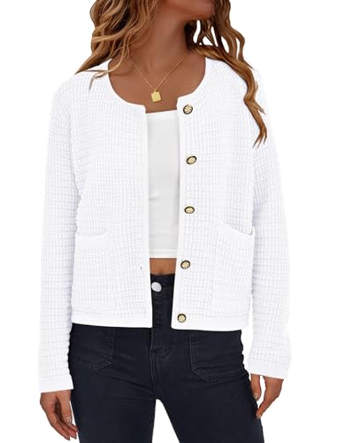 Women's Button Down Cardigan Sweater Chunky Open Front Crew Neck Causal Long Sleeve Knit Outwear with Pockets
