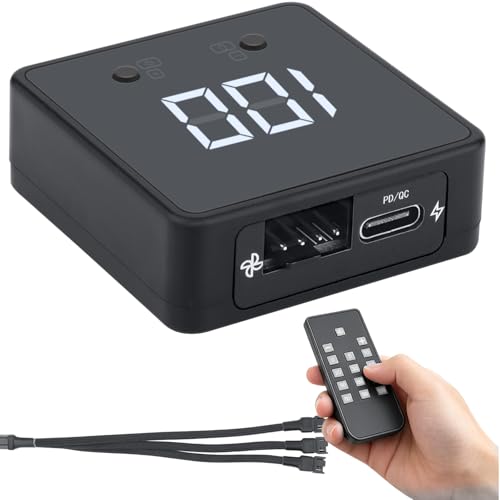 Remote 12V PWM PC Fan Controller 4 Pin Fans Supported, Digital Speed Adjustment Display & 4 Pin 3-Way Splitter Hub, Powered by 12V USB C Type-C PD QC, Max Total Output 60W