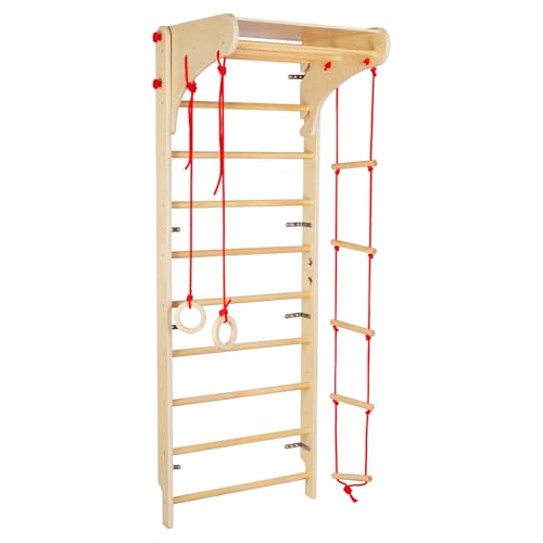 OOOK Swedish Ladder, 4 in 1 Wooden IndoorJungle Gym for Kids, Montessori Climber Playset with Pull-Up Bar, Gymnastic Rings, Wall Ladder, RopeLadder