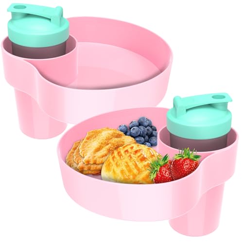 Image of 2PCS Kids Car Seat Tray, Travel Trays for Kids with Car Cup Holder, Toddlers Road Trip Essential, Travel Snacks Food Plate for Stroller, Boosters, and Anywhere with a Cup Holder Tray-Pink