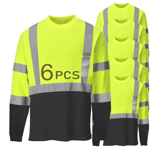 SG-safelife High Visibility Shirts for Men 6 pack, Hi Vis Reflective Breathable Safety Shirt for Work Warehouse, Long Sleeve Durable Shirts (Black&Yellow, X-Large)