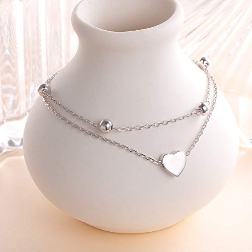 Image of Flyow Anklet for Women S925 Sterling Silver Adjustable Foot Beaded Heart Charm Ankle Bracelet Anklets Jewelry
