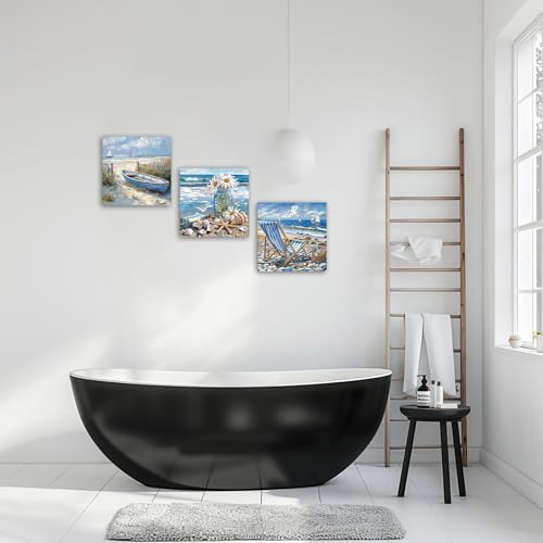 CHAOSETKEN Coastal Wall Art Bathroom Decor 3 Pieces Ocean Boat Canvas Pictures Beach Ocean Landscape Painting Prints Seaside Scenery Poster Framed (Blue,12.00" x 12.00" x 3PCS) - Image 4
