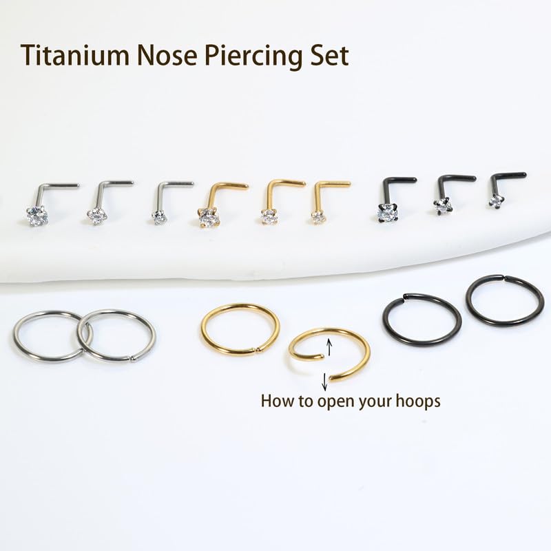 Titanium Nose Rings Hoops Studs 20G 15PCS L Shaped Screw Bone 1.5mm 2mm 2.5mm Cubic Zirconia Small Silver Black Gold Hypoallergenic Piercing Jewelry for Women Men3