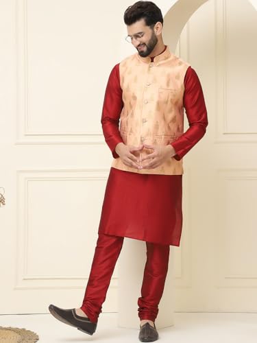 Image of SOJANYA (Since 1958 Men's Silk Blend Kurta Pyjama With Self Design Nehru Jacket