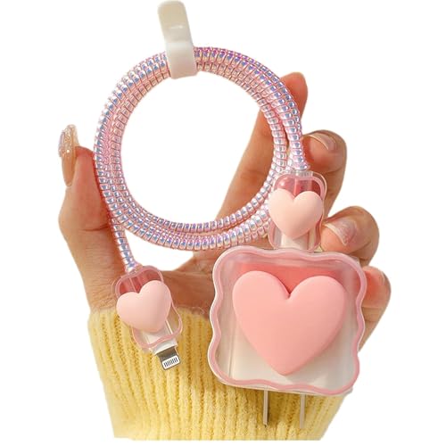 Image of ElectroGlimpse Charger Cable Protectors for iPhone Chargers 18W 20W Type C, 3D Cute Protective Case Cover Cartoon Style Fully Charger & Adaptor Protection Set-1 (Pink Heart)