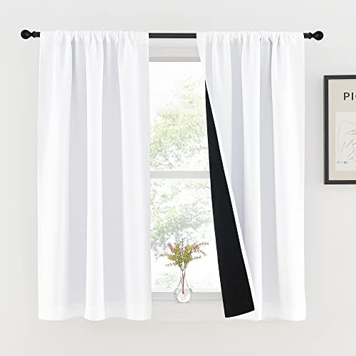 NICETOWN White 100% Blackout Curtains 45 inches Long for Kitchen Rod Pocket Basement Window Treatment Thermal Insulated Lined Drapes for Small Window (1 Pair 37 inches Width Each Panel)