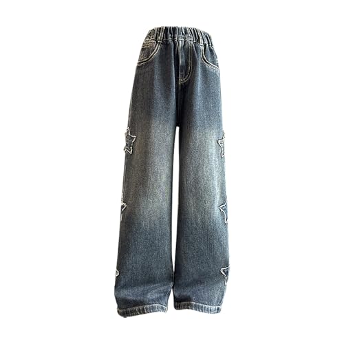 Youth Girls Stylish Cotton Jeans Elastic High Wasited Y2K Ripped Baggy Denim Pants Cute Trousers for Girl
