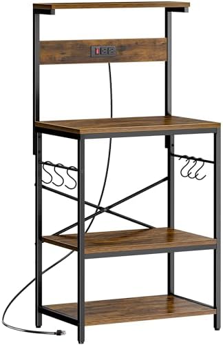 SUPERJARE Kitchen Bakers Rack with Power Outlet, Coffee Bar Table 4 Tiers, Kitchen Microwave Stand with 6 S-shaped Hooks, Storage Shelf Rack for Spices, Pots and Pans - Rustic Brown