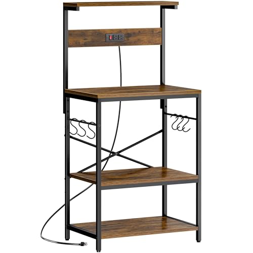 SUPERJARE Kitchen Bakers Rack with Power Outlet, Coffee Bar Table 4 Tiers, Kitchen Microwave Stand with 6 S-shaped Hooks, Storage Shelf Rack for Spices, Pots and Pans – Rustic Brown