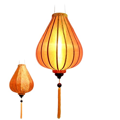 Linterna Asiática de Seda Naranja G - Diámetro Ø33cm - Farolillo Hoi An en Tela, Bambú y Madera - Artesanía Vietnamita y Decoración Asiática (Ref. G25-O)
