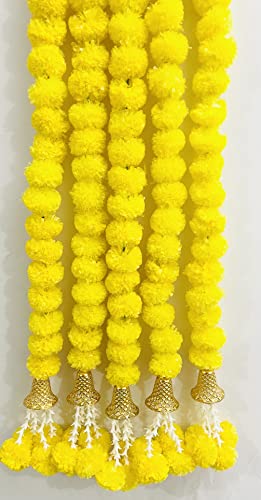 Image of Sphinx Artificial Marigold Fluffy Flowers Garlands for Decoration - Pack of 5 (Clustered Yellow Marigolds, offwhite tuberoses with Bells)