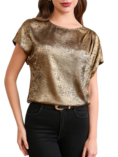 MakeMeChic Women's Elegant Metallic Tops Short Sleeve Round Neck Blouses Gold a Medium