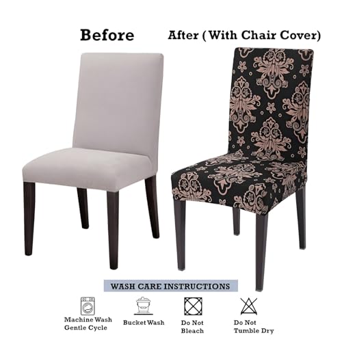 Image of Stretchable Dining Chair Cover - Washable, Removable, Anti-Slip, Protector, Universal Fit (Set of 2, Coffee Baroque Floral)