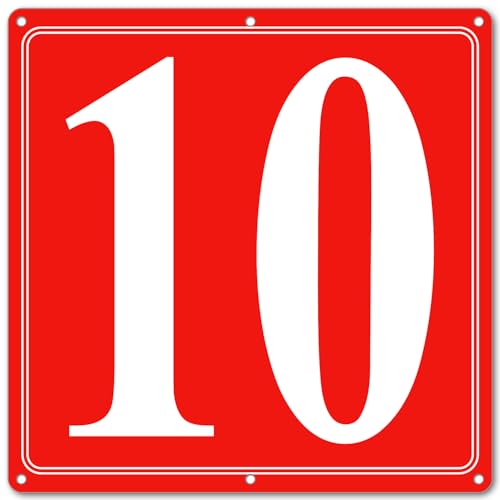 Image of Premium Aluminum Number Signs 10, Metal 12 inch X 12 inch Red Numbered Signs Outdoor for Parking Lots, Floor, Dock, Court, Aisle, Field, High Visibility, No Fade, Weather-resistant