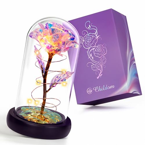 Childom Valentines Gifts for Her,Birthday Gifts for Women,Valentines Day Flowers Gifts for Mom,Women,Her,Wife,Grandma,Light Up Rose in Glass Dome,Colorful Rainbow Mothers Day Flowers for Delivery