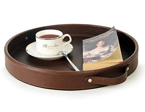 HofferRuffer Top Nocth PU Leather Round Serving Tray, Decorative Serving Tray with Handles, Coffee Tray, Ottoman Tray for Home Or Office, Diameter 14.6-inch, Brown