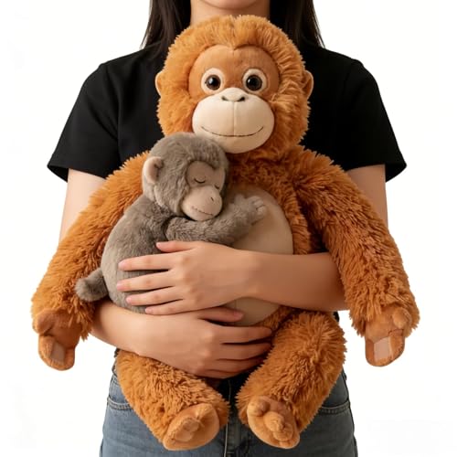 Punch Monkey Plüschtier 66 cm großer Orang-Utan mit Baby Äffchen sitzend 30 cm Kuscheltier aus umweltfreundlichem Plüschmaterial waschbar und sicher für Kinder realistisches weiches kuscheliges