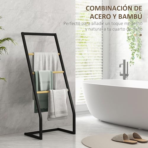 HOMCOM Toallero de Pie Toallero para Baño con 4 Barras de Bambú y Acero para Lavadero 40,5x28x98 cm Negro y Natural - imagen 3