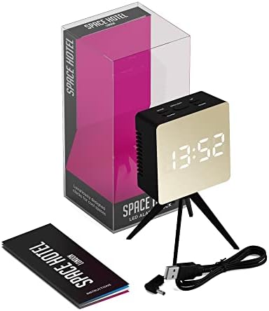 SPACE HOTEL® Droid Digital Alarm Clock with LED Display, 12/24Hr, Room Temperature, Snooze, Night Mode, Brightness Dimmer, Mirror Surface, Office/Bedroom, USB Powered & Battery Backup (Black/Gold)