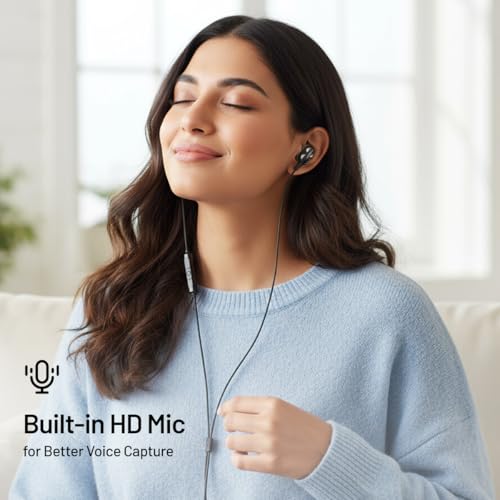 Image of pTron Boom Play X4 Dual Driver in-Ear Type C Wired Earphones with in-line HD Mic, Music Call Control, Ergo-fit, 1.2m Tangle-Free Cable, Wide Compatibility (Black)