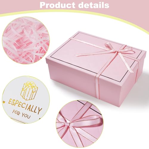 XWCHASA Geschenkbox mit Deckel 25 x 18 x 9 cm, Geschenkbox mit Schleifen, Grußkarten, Raffia Hamper Shreds für Hochzeit Geburtstag Weihnachten(Rosa)