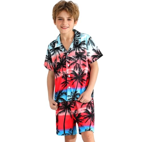 Image of Weixinbuy Boys Summer Outfits Short Sleeve Hawaiian Shirt and Shorts Vacation Set for Kids Summer Clothes Set