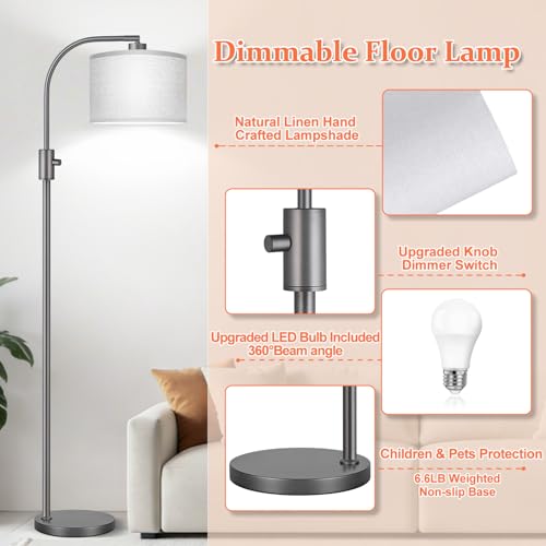 Image of Nintiue Upgraded Modern Arc Dimmable Tall Standing Floor Lamp with Gray Shade, 1200 Lumens LED Bulb Included, for Living & Reading Room, Bedroom, Office & Nursery, Gray