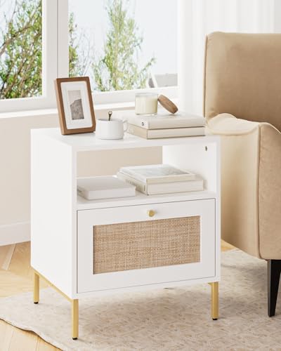 Image of Extra Large Nightstand Rattan Night Stand, Modern Side Table Boho Farmhouse Wood Bedside Table with Storage Drawer and Open Shelf,Large End Table for Bedroom,Living Room,Office(White)