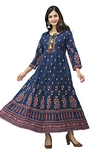 Image of Aj Art Anarkali Kurti for Women and Girls Floral Golden Print Regular Slim Fit Rayon Blue (Set of 1)