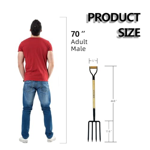 FORCOLID Garden Fork, 4-Tine Spading Digging Fork, Pitch Fork-45Inch, Forged Steel Y-Grip, Wood Handel