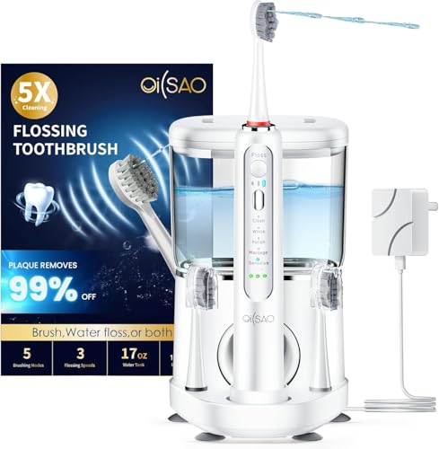 OILSAO Electric Toothbrush with Water Flosser Advanced 2.0 Flossing Toothbrush Combo in One with 5 Brush Modes & 3 Floss Speeds 500 ML Cordless for Adults Teeth Gums Braces Dental Care White