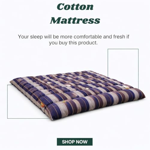 Image of Adim's Handmade Traditional Quilt Gadda Mattress, Blue Lining, 7x6 ft,Pure Cotton Fabric, Cotton Filled, Firm, Reversible Design, for Floor Sleeping and Bed Use