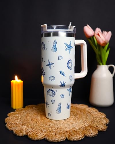 Image of 1200ML Stainless Steel Tumbler Hot and Cold with Handle and Lid and 2 Straws, Double Insulated Cup Leak Proof Mug Cupholder for Gym, Travelling (WhiteSeaShells)