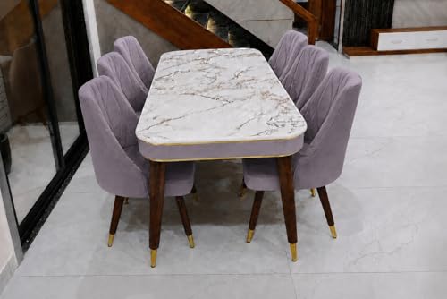 Image of WOODEN SPACE 6-Seater Wooden Dining Table Set | Nano Composite Marble Top | Solid Wood Base | Modern Dining Room Furniture with 6 Chairs (Gray 3)