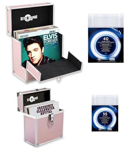 Retro musique Aluminium 12 Vinyl Record Storage Case with 40 Outer Sleeves & 7 Vinyl Record EP Storage Case with 35 Outer Sleeves (Rose Gold)